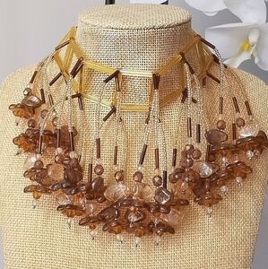 Czech Amber glass flower cascade choker necklace 🆕